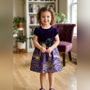LITTLE ANGELS BY US ANGELS Girls' 4T Eggplant Velvet & Floral Dress